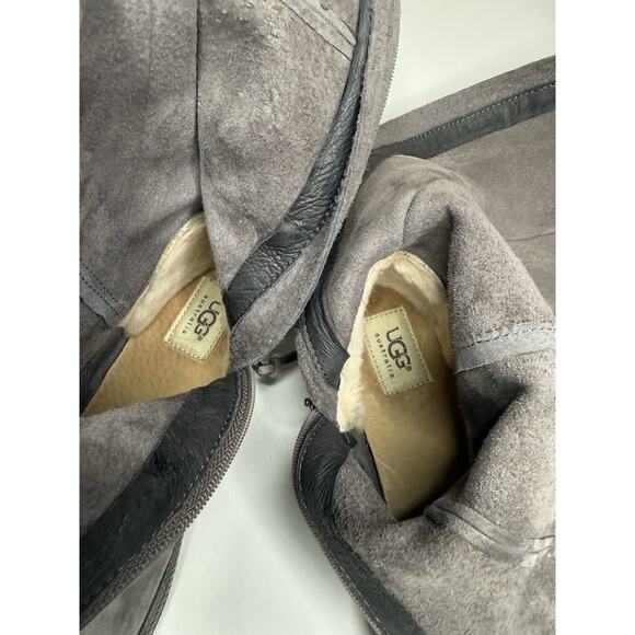 UGG Mammoth Moccasin Knee High Boot Womens 8 Grey Suede Side Zip Fringe - Picture 9 of 11